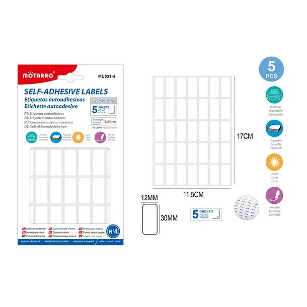 ETIQUETAS AUTOADHESIVA RECTANGULAR 12X30MM BLANCA 5 HOJAS